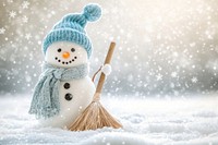 Smiling snowman stands winter background outdoors.