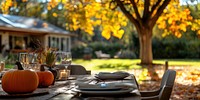 Thanksgiving table outdoors pumpkins autumn.