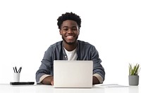 Real young man smile laptop background computer.