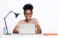 Real young woman smile laptop glasses lamp.