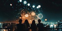 Real friends celebrate fireworks rooftop person.