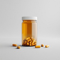 An isolated transparent bottle full of capsule vitamin with vitamins pills around the bottle medication background capsules.