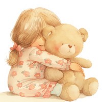 A cute girl Hugging a teddy bear illustration watercolor hugging.