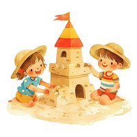 A two cute kids Building a sandcastle illustration watercolor outdoors.