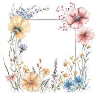 Wild flowers square line frame art illustration watercolor.