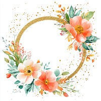 Summer color flowers on gold glitter circle frame illustration watercolor elegant.