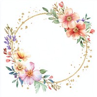 Summer color flowers on gold glitter circle frame illustration watercolor blossoms.