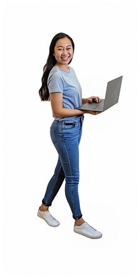 Woman in straight leg jeans and a blue T-shirt laptop background standing.