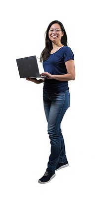 Woman in straight leg jeans and a blue T-shirt laptop background standing.