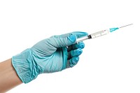 Medical syringe injection glove hand.