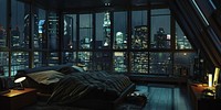 Bedroom at night city penthouse cityscape.