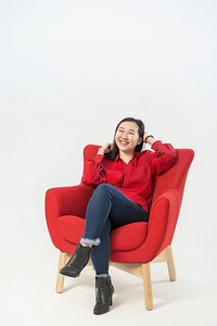 Happy woman smile to a camera chair furniture sitting.