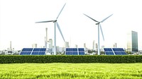 3 wind turbines modern panels grass.