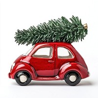 Red car carrying a laying down Christmas tree christmas ceramic transportation.