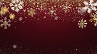 A luxurious dark red background with 3D gold and white snowflakes golden design decoration.