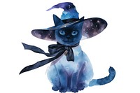 Blue magic cat witch illustration watercolor galaxy.