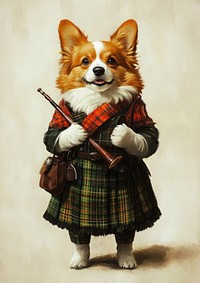 Corgi in a traditional Scottish kilt with bagpipes scottish animal human.