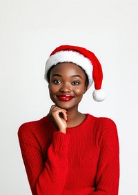 African woman wearing Christmas-themed and a Santa hat sweater christmas person.