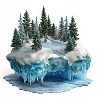 Floating blue ice island trees snow scenery.