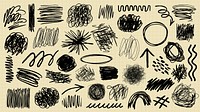 A collection of black ink scribble art illustration. Set of black ink scribble in various design illustrations. Illustration of black ink scribble art collection, scribble lines art illustration