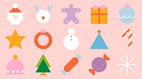 Flat vector style icons of Christmas elements in pastel colors. Flat vector design includes Santa, gifts, and candy on pink. Pastel pink flat graphic illustration festive Christmas element set.