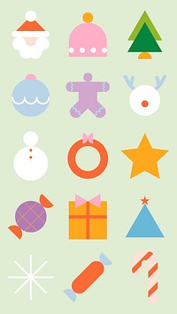 Flat vector style Christmas icons with pastel colors. Vector includes tree, gifts, and candy in a flat, minimalist style. Fun and colorful flat icon, festive holiday and Christmas element set.