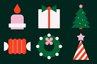 Flat vector with festive colors; includes candle, gift, tree, candy, wreath, and hat. Flat vector style for holiday concept. Fun and colorful flat icon, festive holiday and Christmas element set.