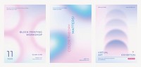 Art and design gradient poster template vector set. Set of in various designs. Poster gradient design vector set. Aesthetic pastel holographic poster design set. Pastel holographic gradient poster