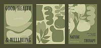 Minimalist floral posters in green tones. Positive thoughts, flower therapy, and happy life themes. Simple design with abstract plant vector shapes. Poster with green vector illustration.