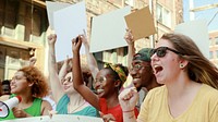 Happy people in protest, celebrating and cheering holding signs. Protest with diverse people and activists shouting and cheering holding signs. Happy protesters in demonstration in city. Equal rights.