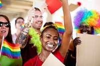 A diverse group of people at a pride parade. Smiling African American woman, rainbow flags, colorful wigs. Pride parade, rainbow flags, and celebration. Pride parade joy.