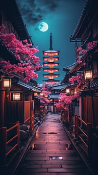  Japanese night city architecture building outdoors. AI generated Image by rawpixel.