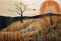 Autumn landscape painting bird art.