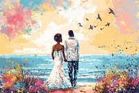 Black couple in their wedding attire painting standing outdoors.