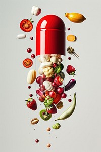 Red and white capsule with fruits and vegetables falling out from top to bottom pill food antioxidant.