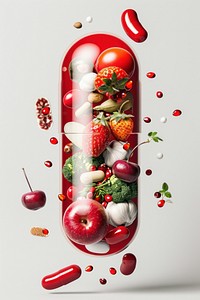 Red and white capsule with fruits and vegetables falling out from top to bottom plant food pill.