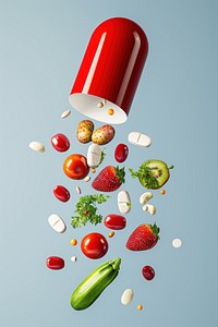 Red and white capsule with fruits and vegetables falling out from top to bottom food pill blue background.