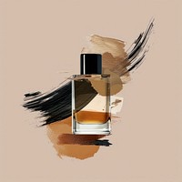 A perfume bottle with a brown and gold brush stroke cosmetics refreshment container.