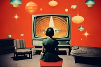 Collage Retro dreamy Watching tv architecture television astronomy.