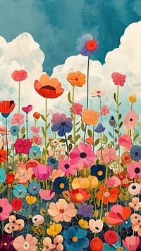 Collage Retro dreamy flower field art outdoors painting.