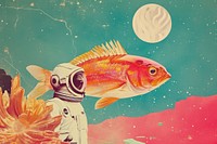 Collage Retro dreamy fried fish animal space art.