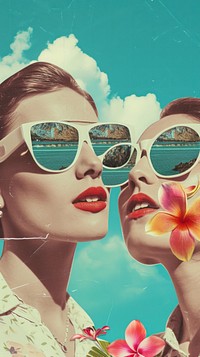 Collage Retro dreamy friends sunglasses portrait summer.