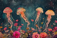 Collage Retro dreamy jellyfish outdoors flower plant.