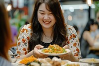 Asian chubby recording eat buffet food review plate adult smile.