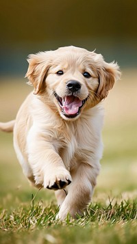 Golden retriever puppy is running grass animal mammal.