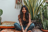 Indian american woman sitting smile adult.