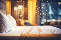 Hotel bed furniture defocused lighting. AI generated Image by rawpixel.
