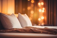 Hotel bed furniture defocused pillow. 