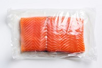 Plastic wrapping over a salmon seafood white background freshness.