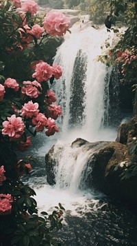  Waterfall in summer outdoors nature flower. AI generated Image by rawpixel.